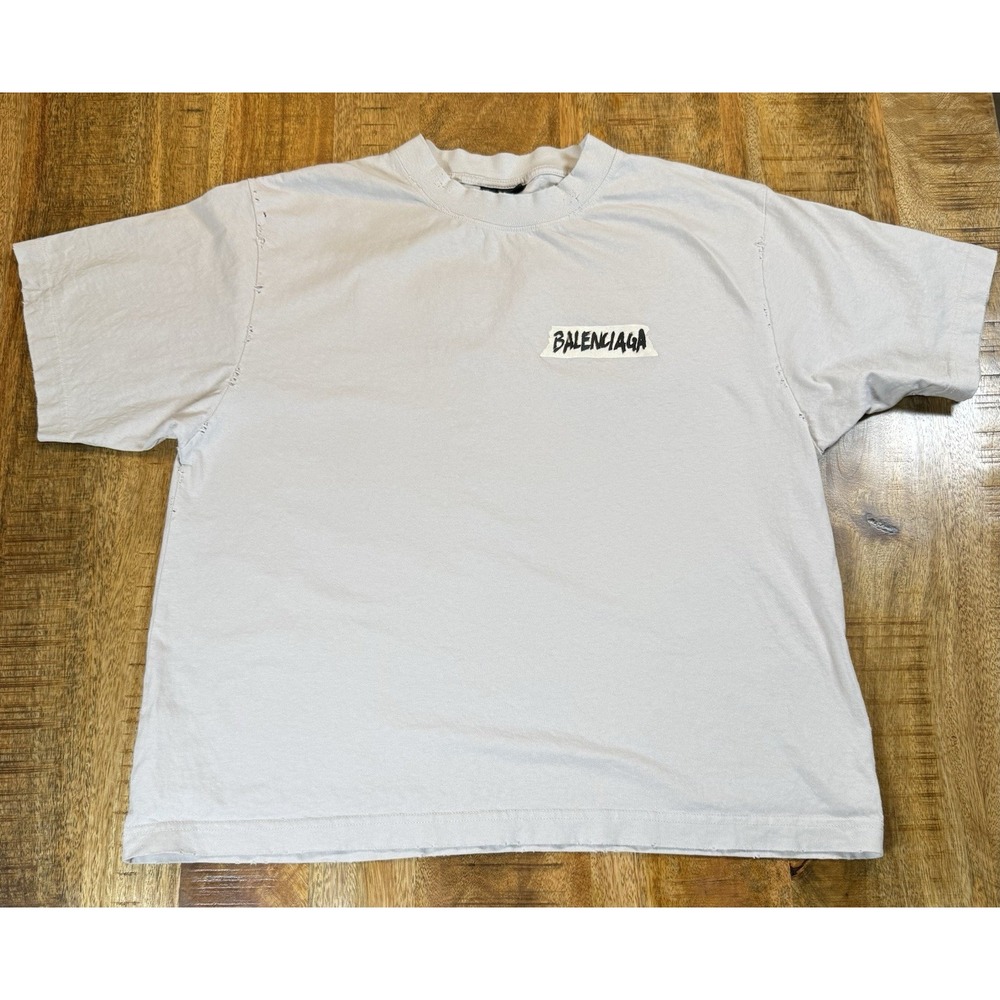 Balenciaga Distressed Logo T Shirt Size M Gray Oversized Cotton Designer Tee